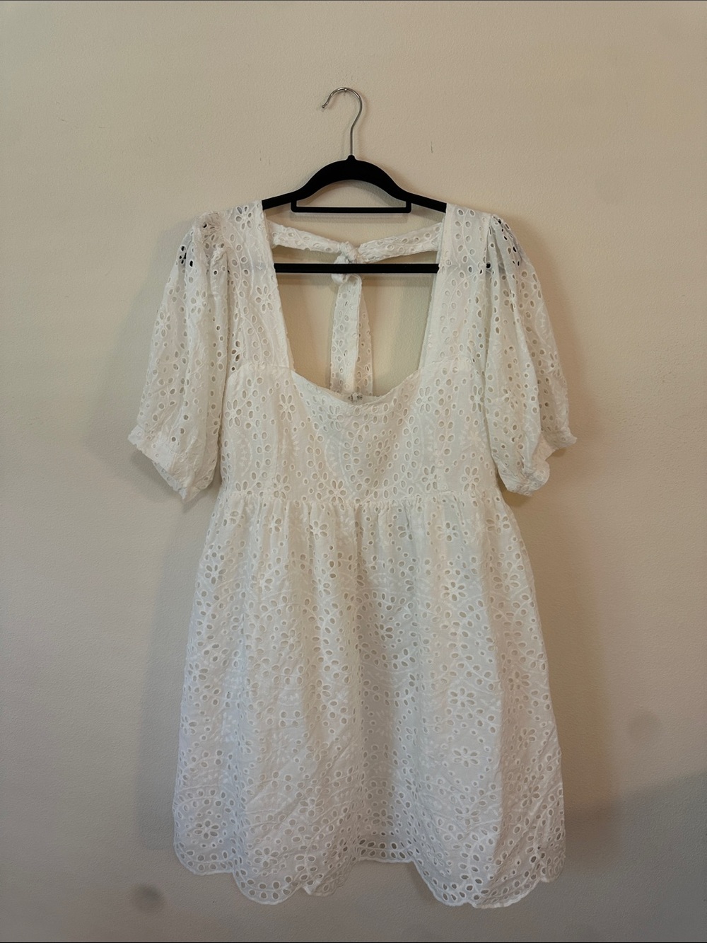 Chelsea & Violet White Eyelet Tie-Back Puff Sleeve Mini Dress